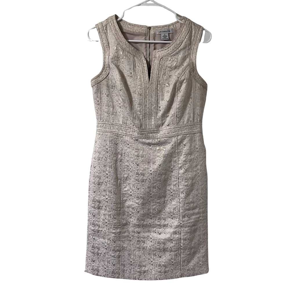 Liz Claiborne White and Gold Jacquard Sheath Dress